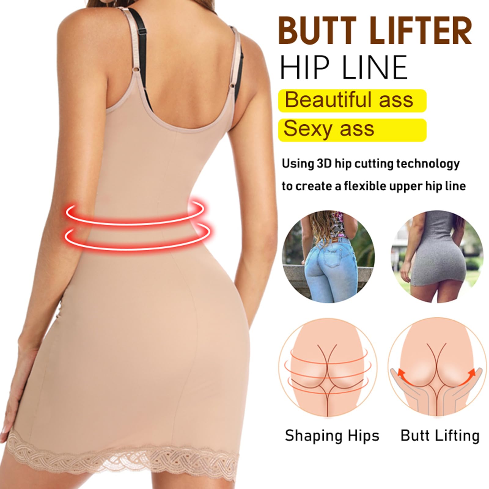 Vestido Moldeador para Mujer, Camisola con Control de Barriga, Vestido Completo con Encaje sin Costuras, Moldeador de Cuerpo Adelgazante
