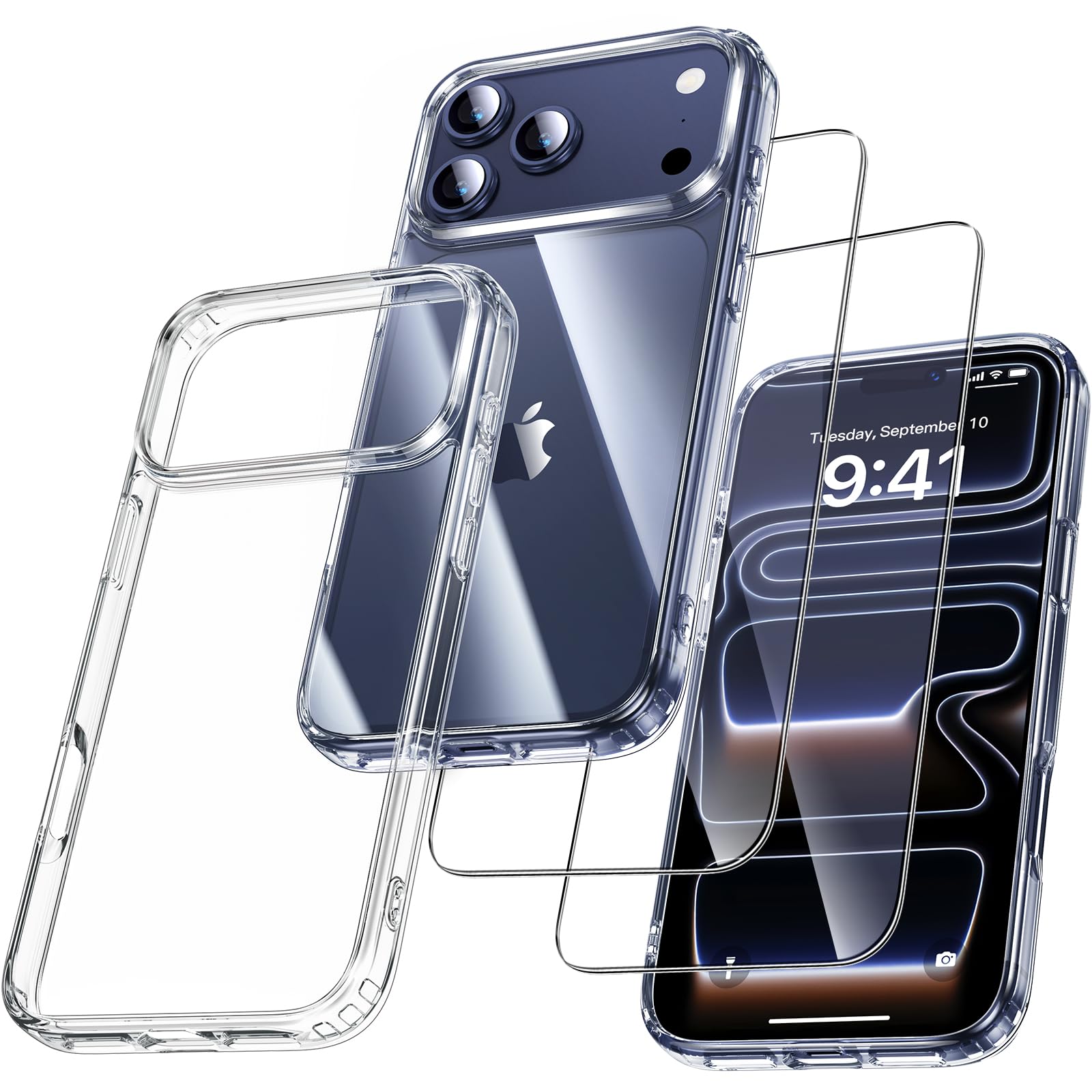 UniqueMe für iPhone 17 Pro Max Hülle - Handyhülle für iPhone 17 Pro Max Case, Rundumschutz Hülle Set Schutzhülle Cover, 1 Handyhülle & 2 Schutzfolie - Transparent