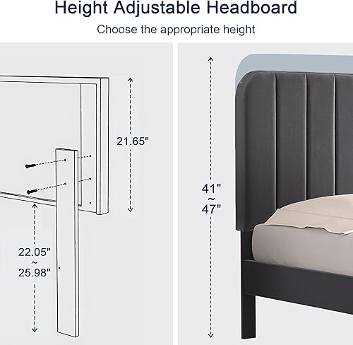 Miniatura 2 de VECELO Base de cama de tamaño matrimonial con cabecera ajustable, camas de plataforma de terciopelo resistente con fuerte soporte de listones de