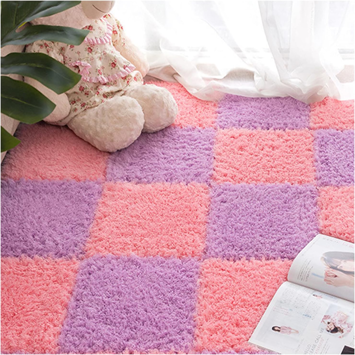 16Pcs Interlocking Foam Carpet,Shaggy Soft Foam Play Mat,Fluffy Area Rugs,Square Plush Puzzle Floor Tiles,Crawling Mats for Living Room Bedroom,12X12inch,Pink+Purple