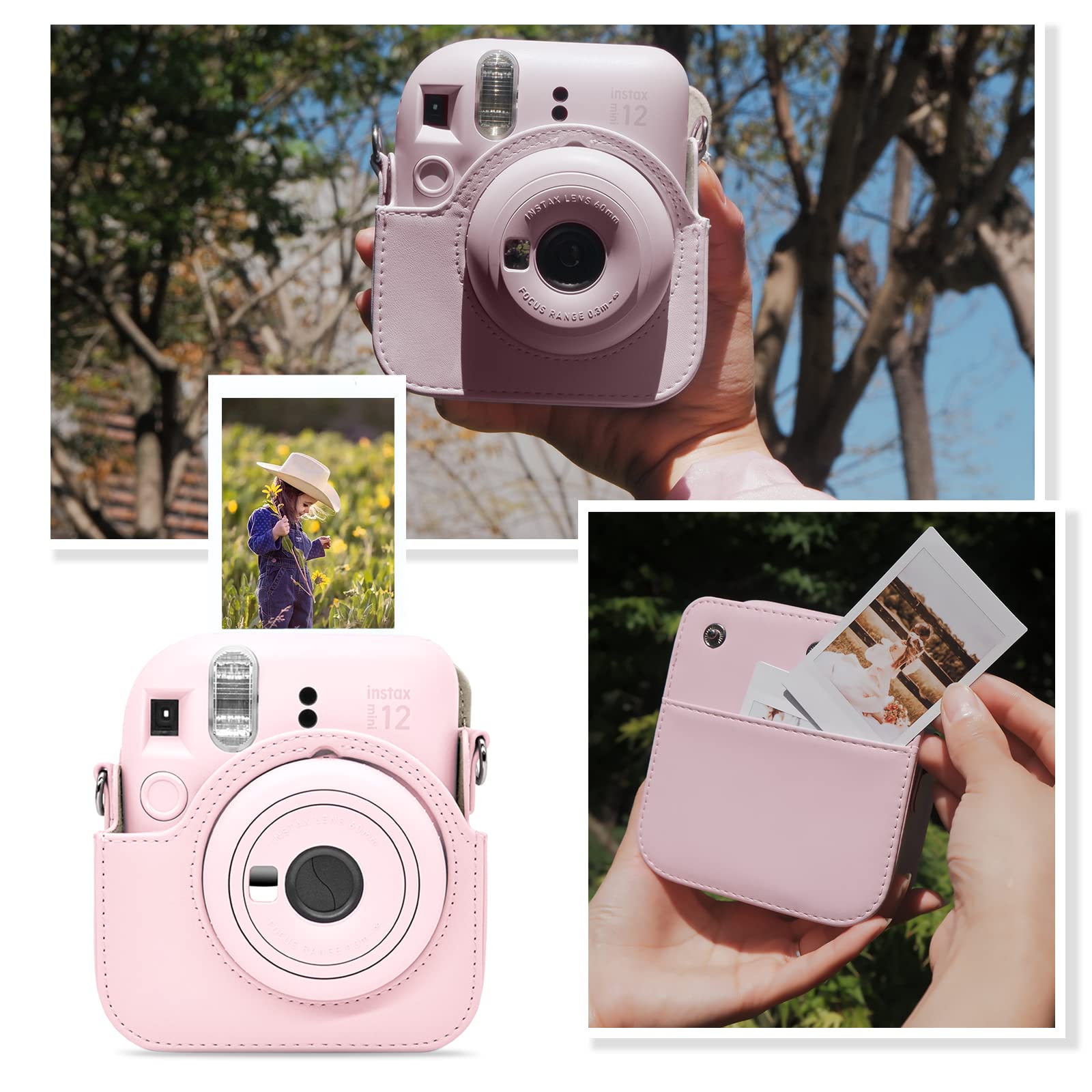 MUZIRI KINOKOO Housse Instax Mini 12 - Cuir PU Étui de Protection pour Fuji Instax Mini 12 Appareil Photo - avec Pochette Photo Stocker des Films ou Photos - Bandoulière Réglable - Rose
