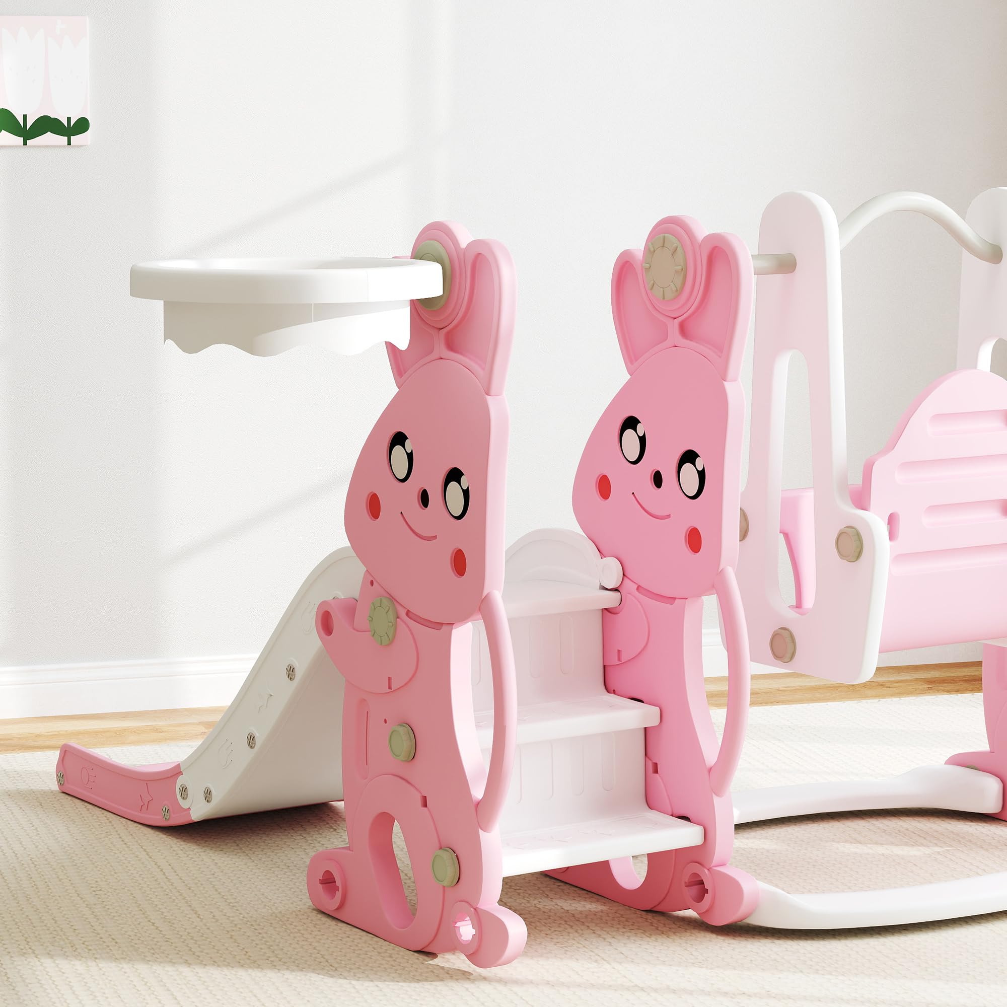AIYAPLAY Tobogán y columpio 4 en 1 para niños, parque infantil para niños pequeños con estructura de escalada, canasta de baloncesto, tobogán, columpio, diseño de conejito, para interiores y