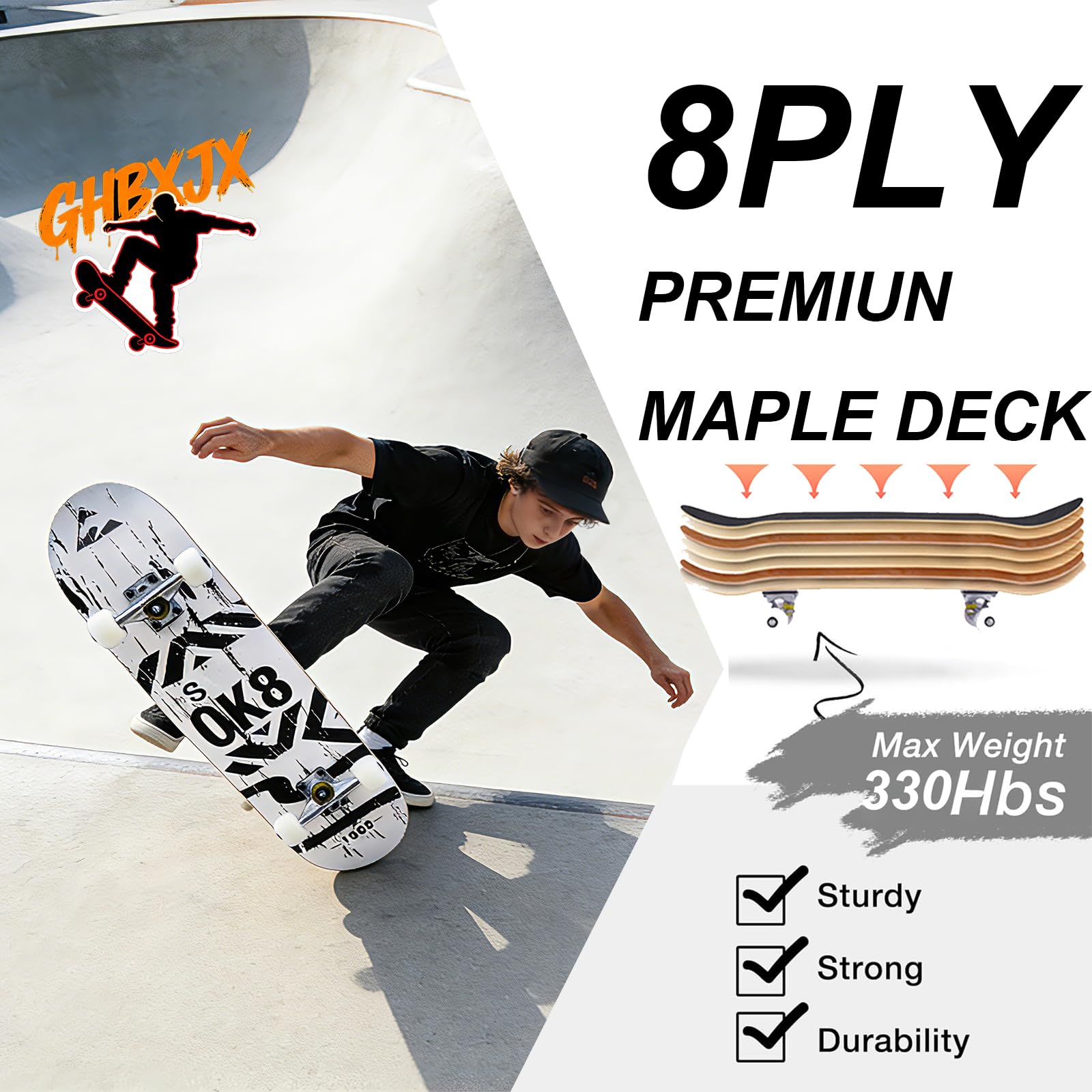 Skateboard 31x8 Zoll Komplette Cruiser Skateboard für Kinder Jugendliche Erwachsene, 7-Lagiger Kanadischer Ahorn Double Kick Deck Concave mit All-in-one Skate T-Tool für Anfänger