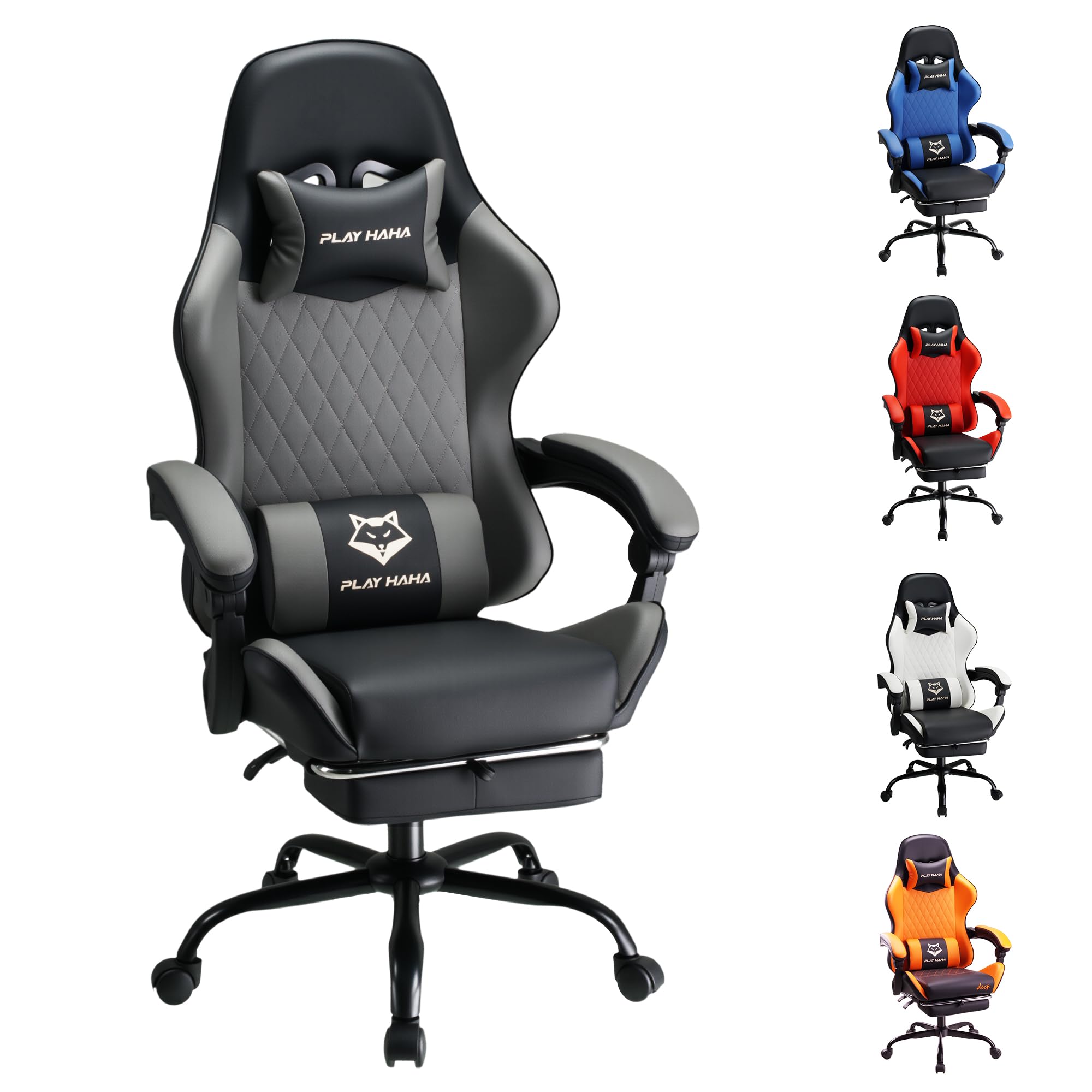 play haha Gaming Chair Ergonomic Reclining Seat With Footrest Adjustable Headrest And Lumbar Cushion High Back Support Padded Armrests Faux Leather Finish,Desk Chair