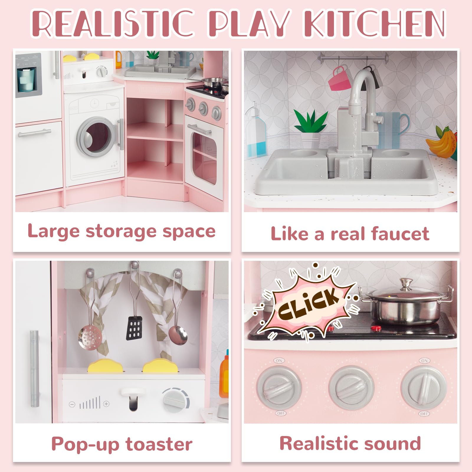 Rosa Hölzerne Kinderküche, Kinderspielküche mit Spüle Herd Backofen, Holzküche Spielzeugküche, Spielküche aus Holz mit Zubehör für Kinder ab 3 Jahren (Rosa 2)