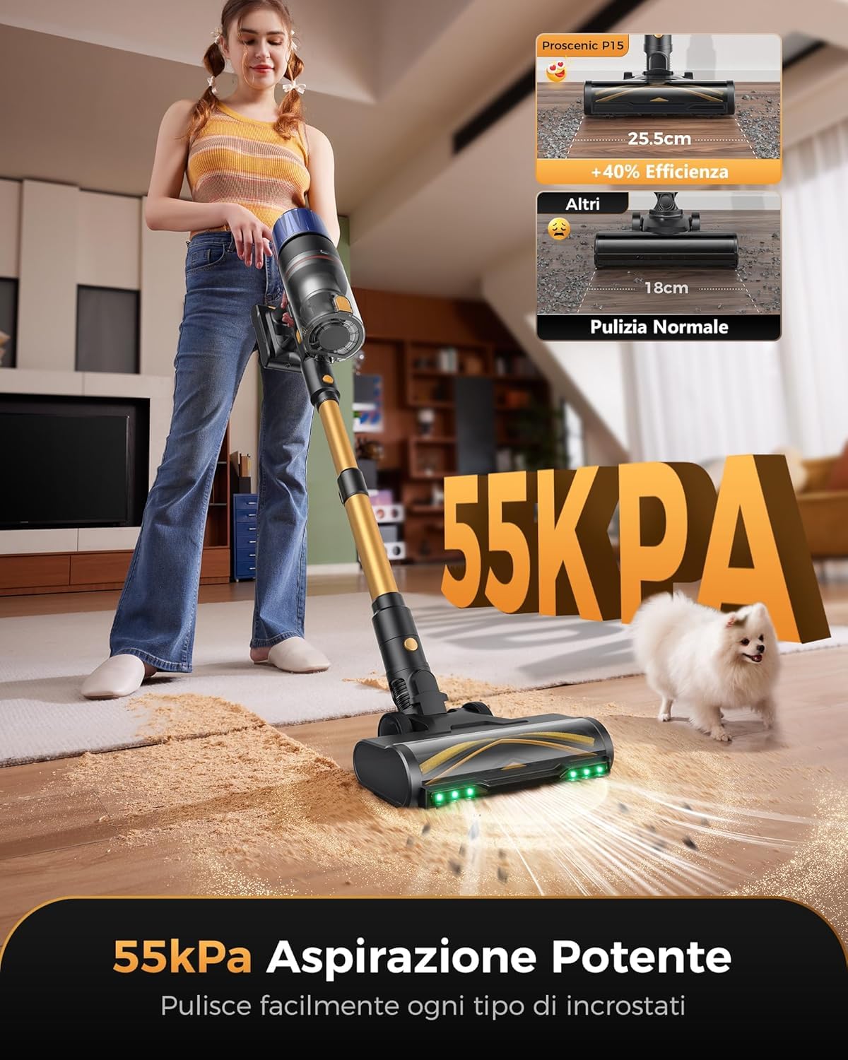 Proscenic P15+ Aspirapolvere Senza Fili 70Min/55Kpa/650W Scopa Elettrica Senza Fili Potente Autonomia Asta Telescopica Regolabile Design Autoportante Tecnologia GreenEye per Pavimenti e Tappeti