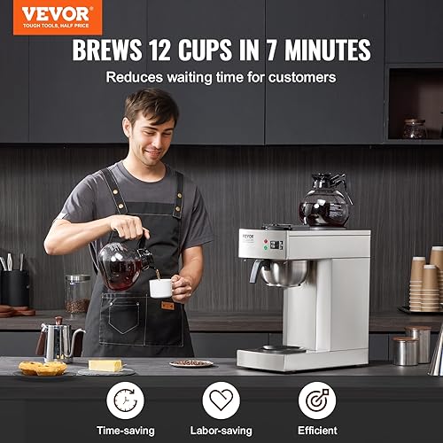 Miniatura 2 de VEVOR Cafetera de goteo comercial de 12 tazas, cafetera con 2 jarras de vidrio y 2 platos calentadores, cafetera de acero inoxidable para