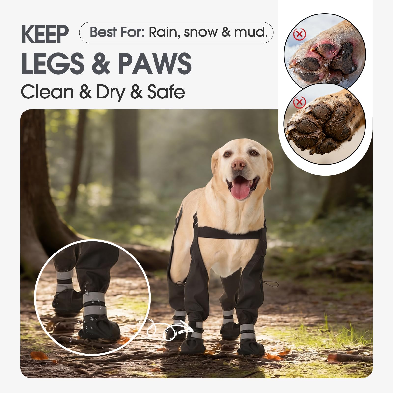 Pezluxe Dog Suspender Boots, Waterproof Anti-Slip Dog Rain Boots with Adjustable Strap for Small Medium Large Dogs, Reflective Paw Protector Pet Shoes for Outdoor Walking, Rain Snow Hiking, Black, L — view 4