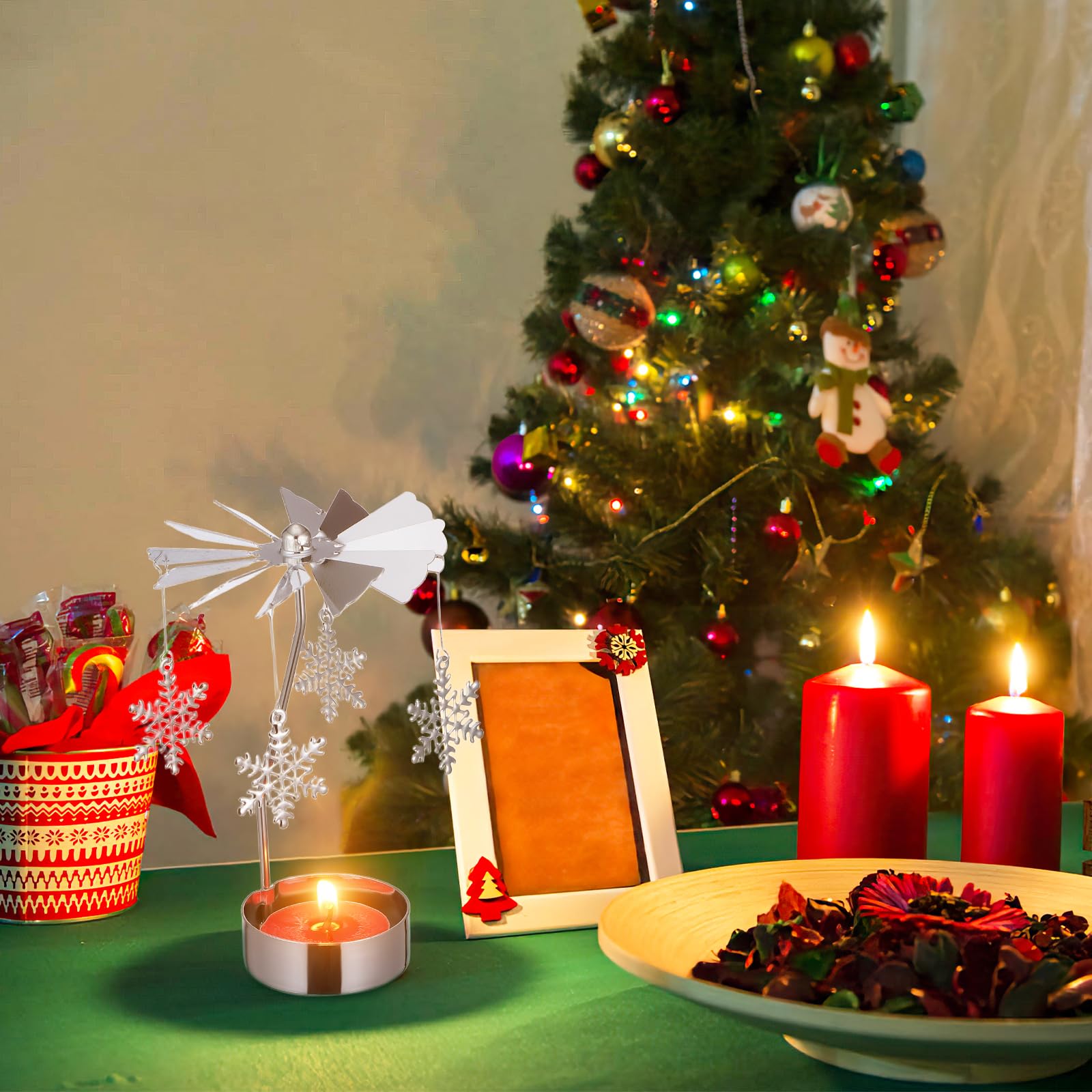 Mobestech 3pcs Christmas Tea Light Holder Metal Snowflake Rotating Candlestick Spinning Angels Tea Lights Candle Votive Candle Holder Set for Christmas Wedding
