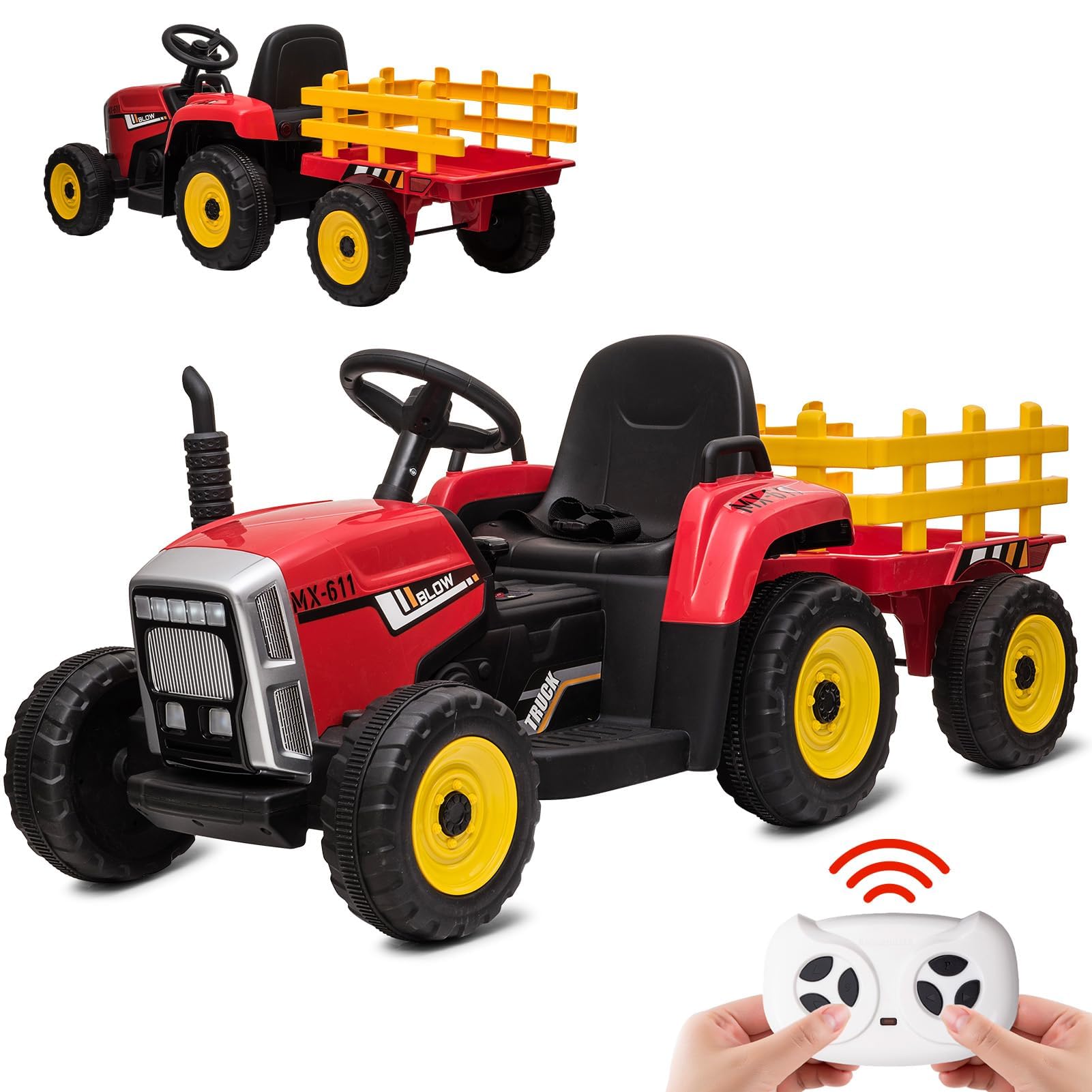 12V Tracteur électrique Enfants, avec Remorque Amovible, Voiture électrique Enfants pour 3 à 8 Ans, avec Télécommande, Musique & MP3, 3 Vitesses, Rouge