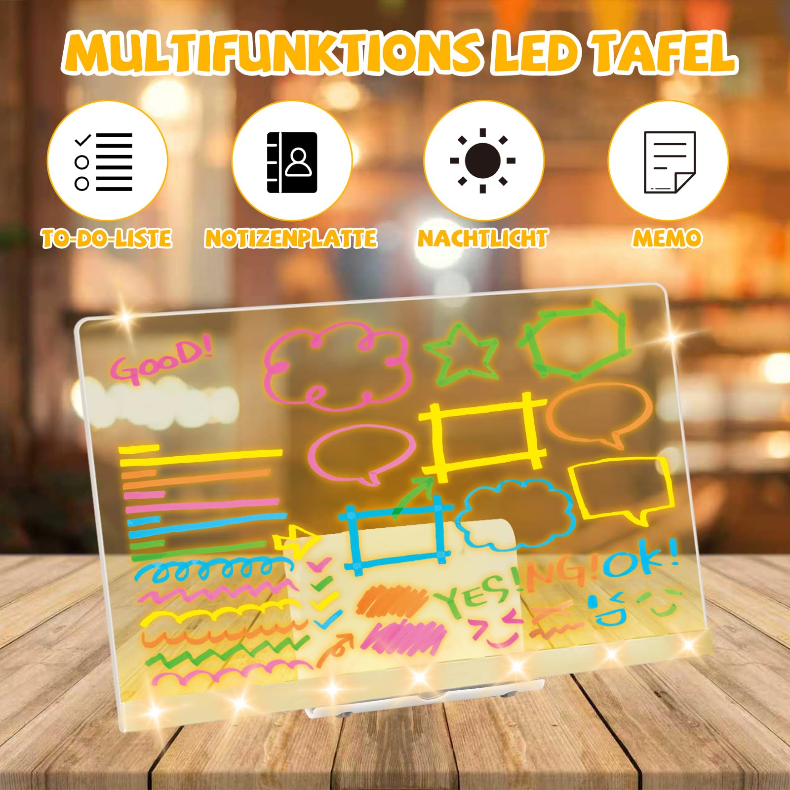 Joycabin Akrylowa tablica na notatki LED, 30 x 20 cm, z pisakiem w 12 kolorach, tablica z diodami LED, tablica do pisania z regulowanym stojakiem, naklejka transferowa, zmywalna