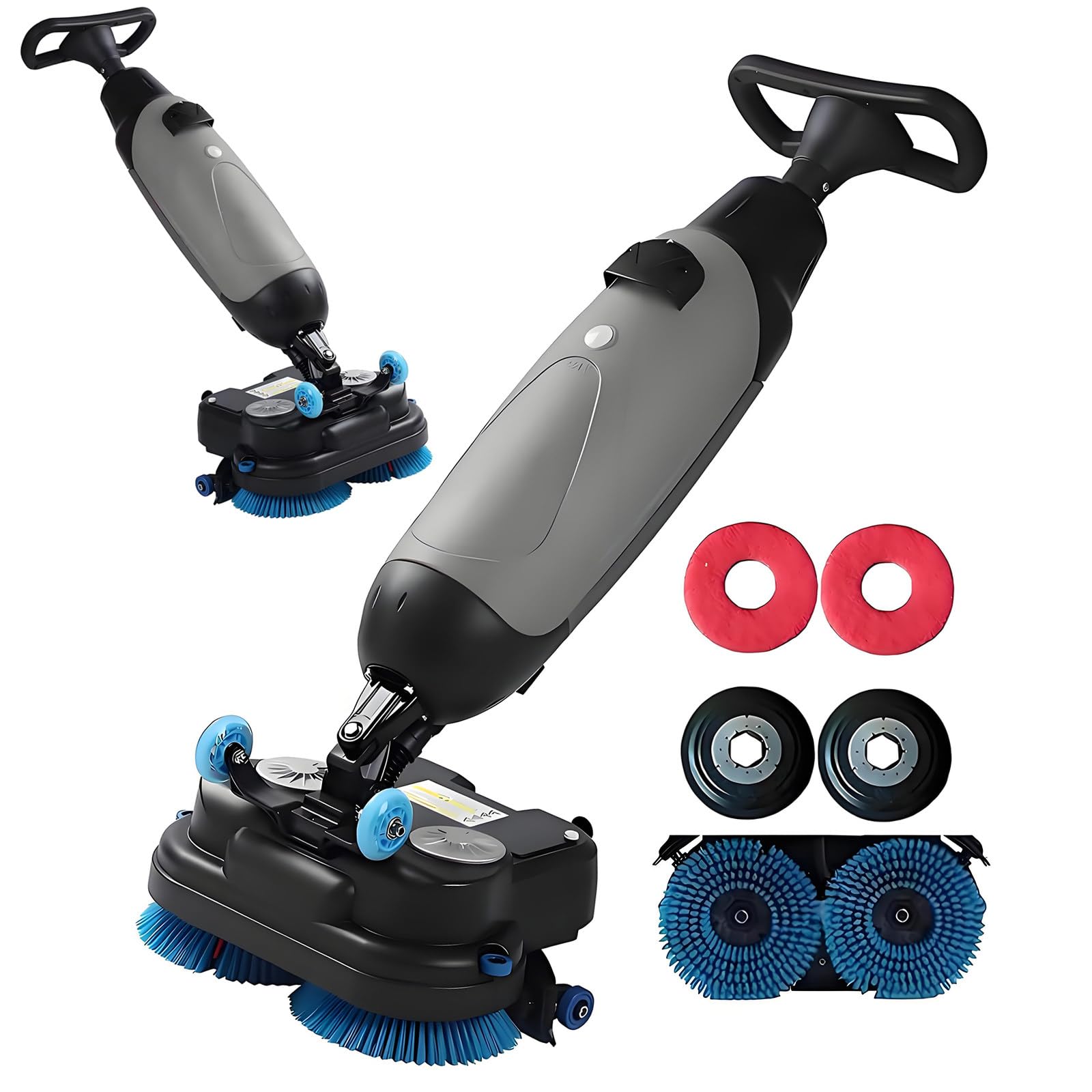 HuanSebesity Compact Walk Behind Commercial Floor Scrubber Dryer,Dual Brushes with Dual Pads & Drivers,Small Floor Scrubber,Cordless Rechargeable Lithium Battery,360°Steering for Workshops Grey