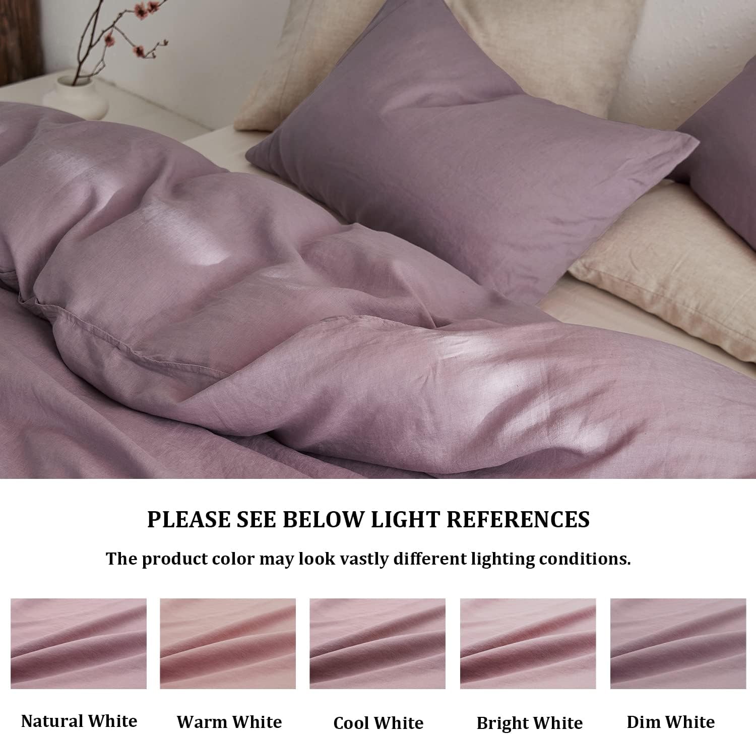 TOSMO Linen Duvet Cover Set, 100% French Flax Natural Linen Bedding 3pcs Set, Soft Breathable for Hot Sleepers 1 Duvet Cover and 2 Pillowcases (Light Lilac, Queen)
