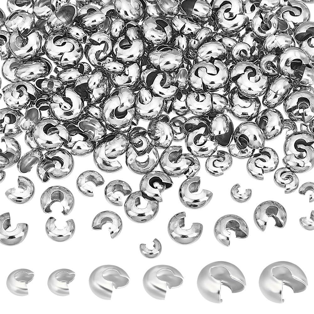 UNICRAFTALE 300Pcs 3 Sizes Crimps Beads 3/4/5mm Brass Crimp Beads Covers Bead End Tip Platinum Half Round Open Crimps Bead Knot Covers for DIY Bracelet Necklace Jewelry Making