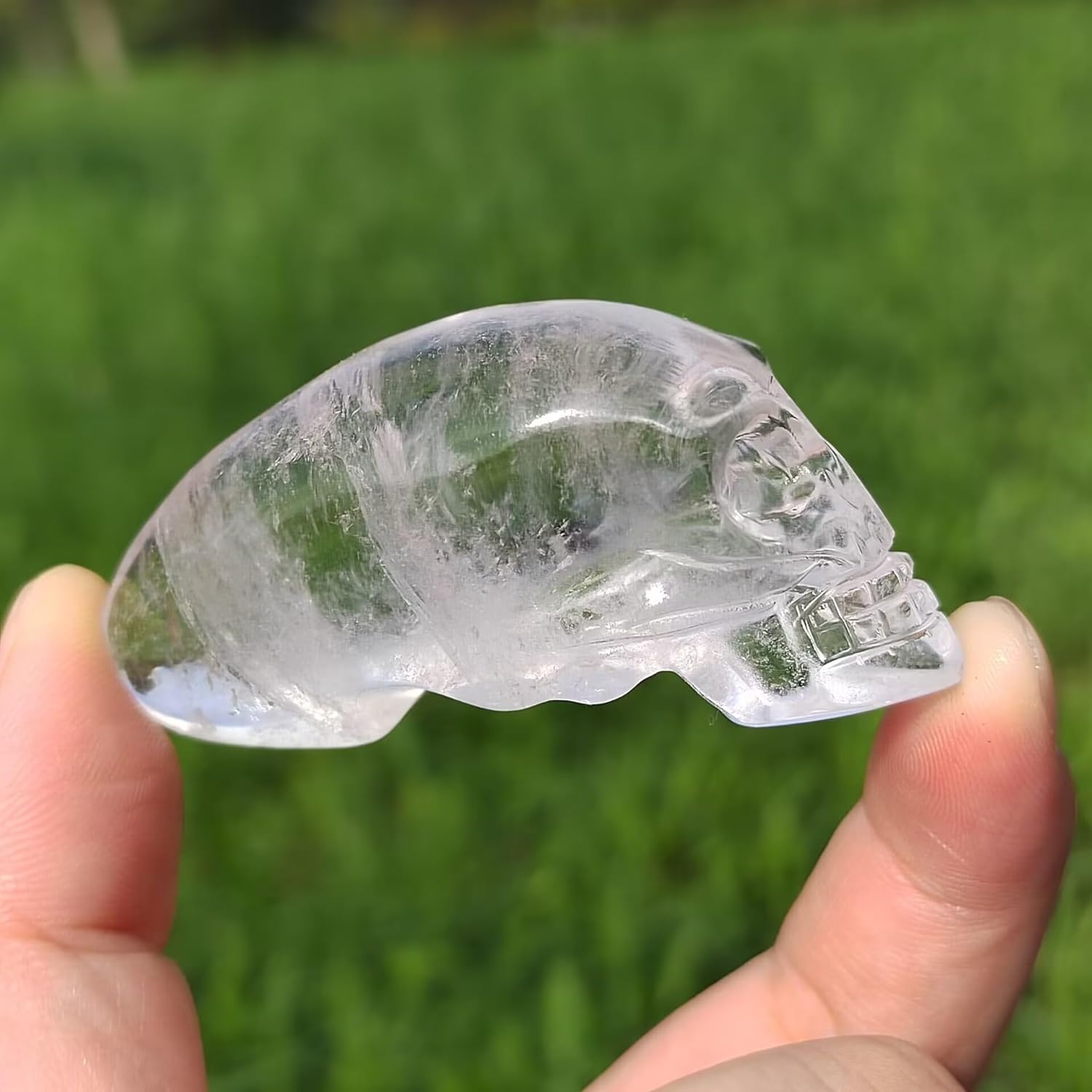 Figura de calavera alargada de cristal de cuarzo transparente de 2.2 pulgadas, cristales decorativos y piedra curativa tallada a mano con piedras