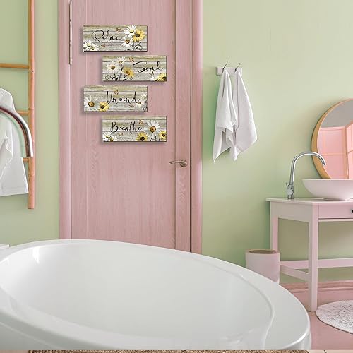 Miniatura 8 de ZINYAZHE 4 piezas de decoración de pared de baño amarillas de margaritas amarillas y mariposas amarillas, arte de pared amarillo para relajarse,