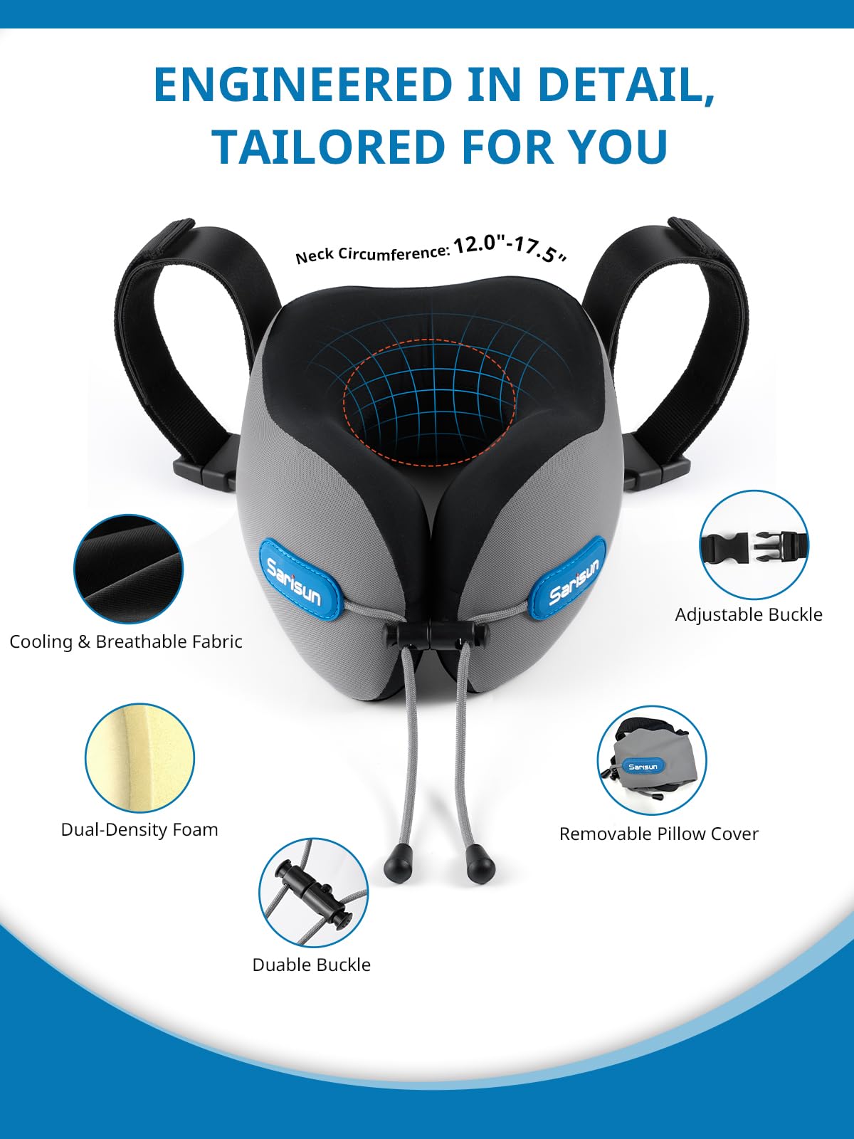 SARISUN Almohada de Viaje para Cuello, Cojin de Viaje Cuellos para Avión y Coche, Neck Travel Pillow, Viajes Accesorios Incluye Almohada Viaje Cuello Antifaz 3D para Dormir, Espuma Memoria Gris
