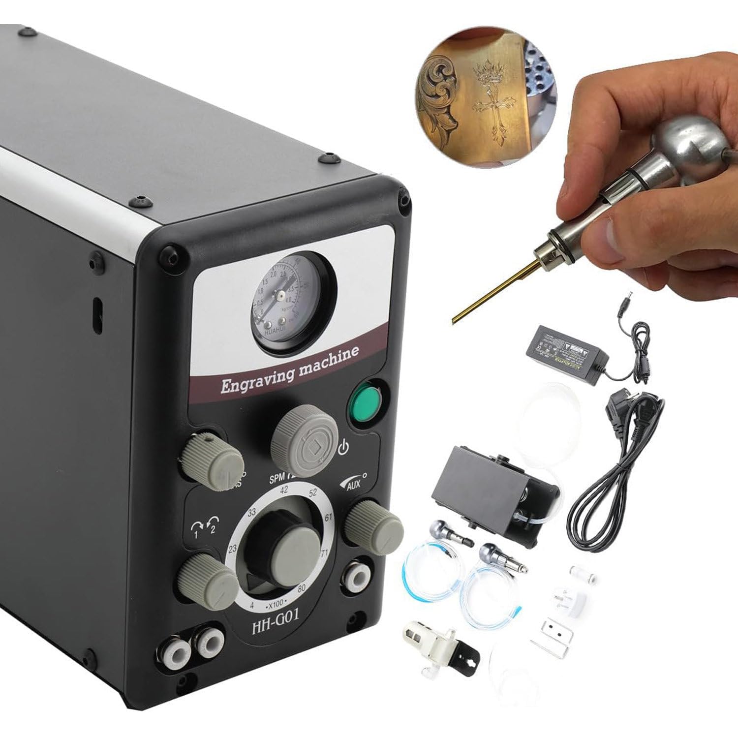 Máquina de Grabado neumática de Doble Cabezal, máquina de Grabado de joyería 110v220v, Herramienta de Grabado multifunción para joyería Artesanal Madera de Hierro Forjado