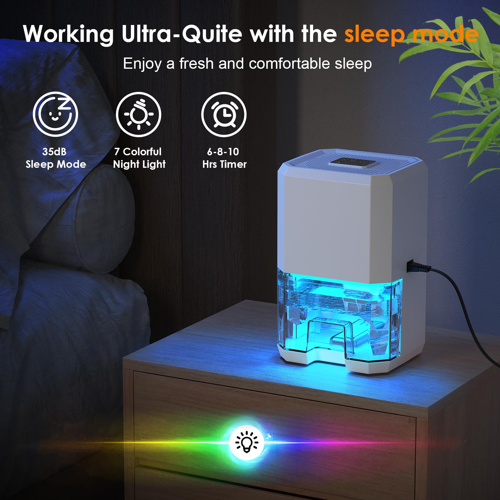 Deumidificatore Silenzioso 1200ML con spegnimento automatico, Timer 6-8-10 ore, Modalità sonno, Luce notturna a 7 colori, Portatile, per bagno, Camera da letto (410 ml/24 H)