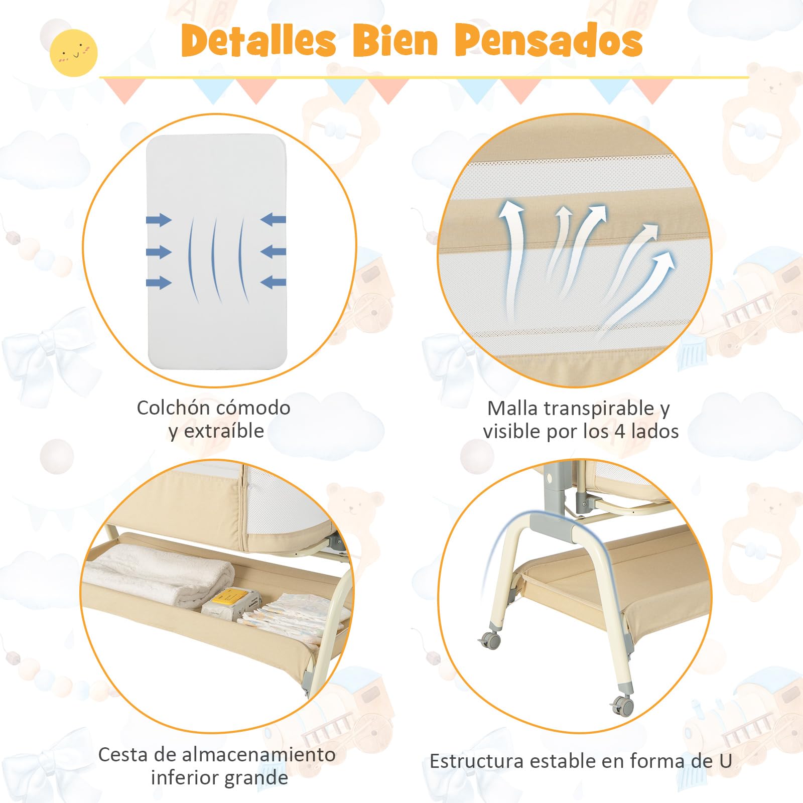 COSTWAY Cuna de Viaje para Bebé con Red, Cuna Colecho con 6 Alturas Ajustables, Colchón, Malla de 4 Lados, Cesta de Almacenamiento y Ruedas con Bloqueo, Cuna de Viaje Portátil con Bolsa (Beige)