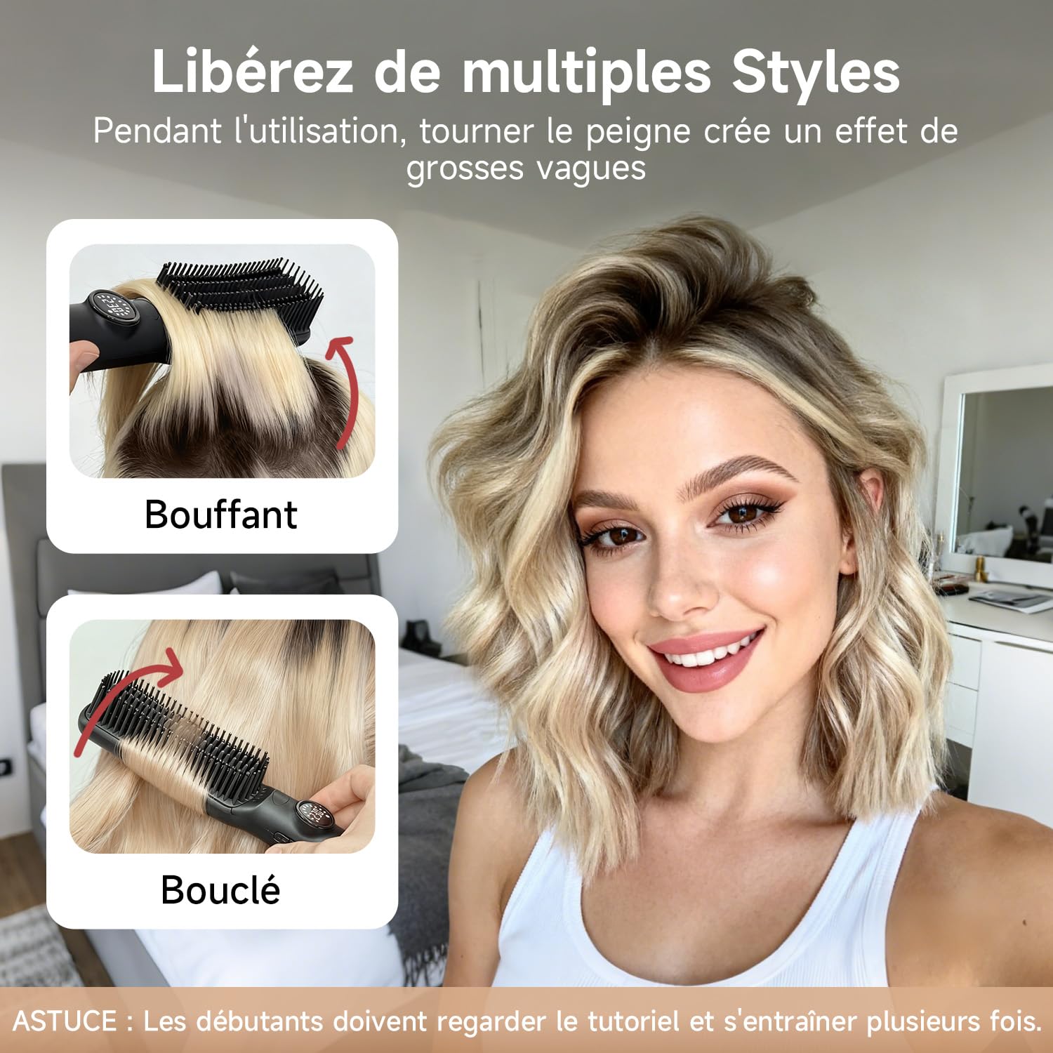 Brosse lissante pour cheveux, Chauffage Uniforme de La Céramique pour Lisseur cheveux, Plaques Aluminium Anti-Brûlure, 7 Température réglable (100-230°C), Pour Tous Types de Cheveux, Prise UE, Noir