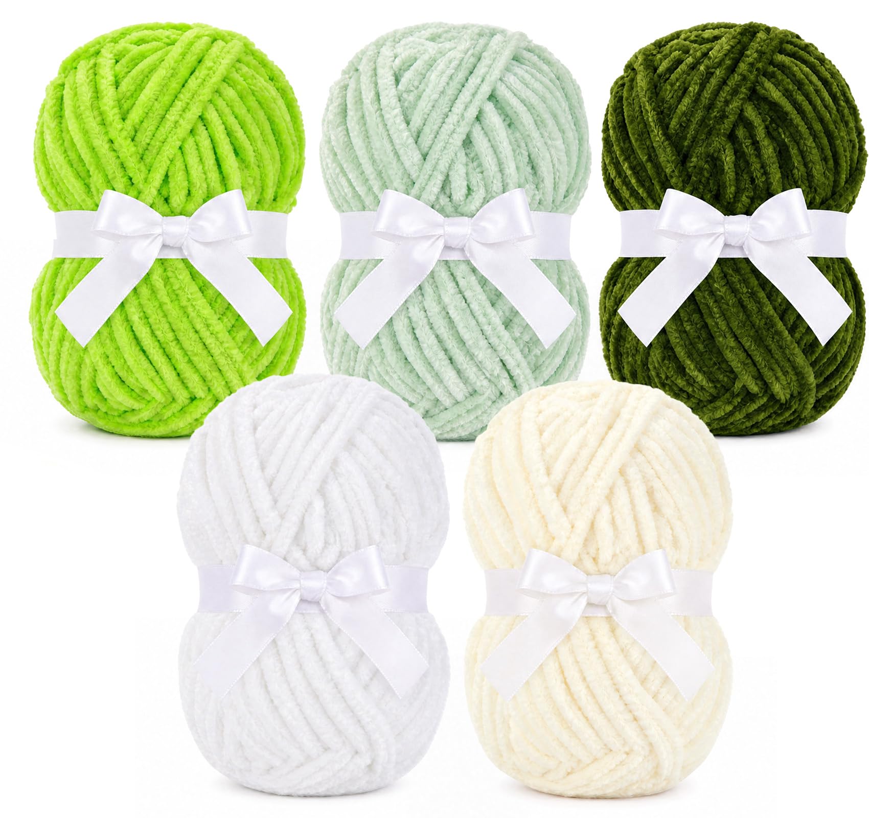 ilauke 5x100g Chenille Yarn Chunky, Crochet Yarn for Amigurumi, Green Tones
