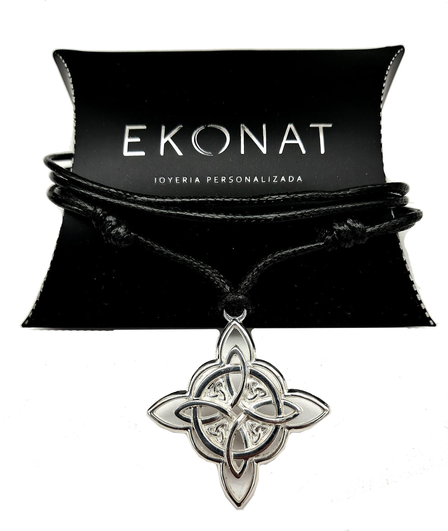 Collar Nudo de Bruja Plata de ley - colgantes nudo de bruja - amuleto protector nudo de brujas - Grande 30 mm- pequeño 25 mm - Incluye Cordón Negro con Nudos Corredizos