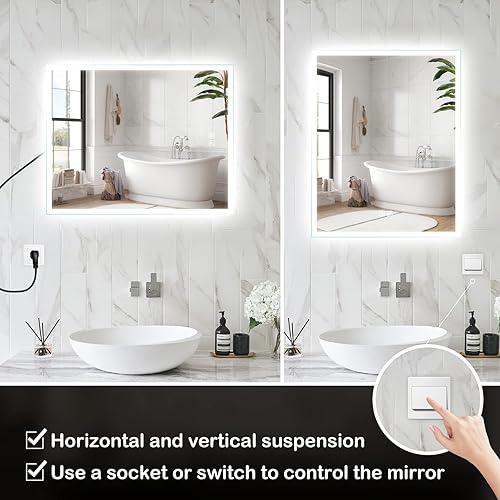 Miniatura 5 de ROOMTEC Espejo de baño LED de 24 x 30 pulgadas con frontal ajustable de 3 colores, antivaho, función de memoria inteligente y certificado ETL & UL,