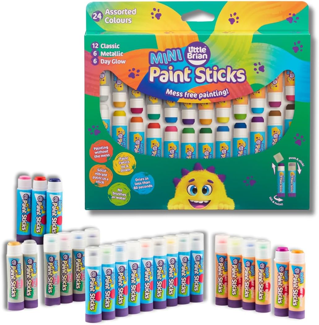 Little Brian Mini Paint Sticks For Kids - 24 Pack Assorted Colours - Little Hands, Mess-Free, Easy Clean Up, Fast Drying Action, Vibrant Colours, Multi-Surface, Twist & Paint