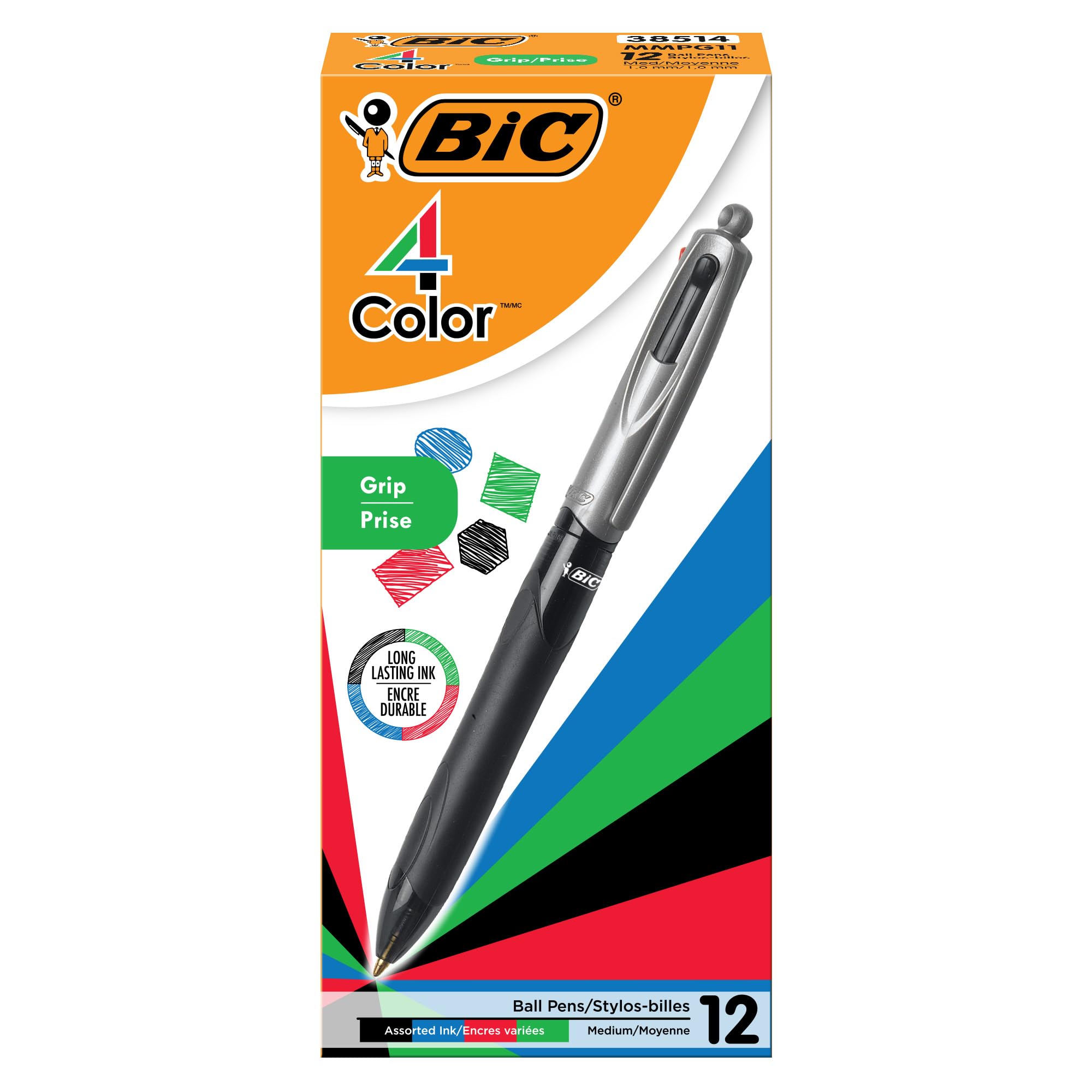 BIC 4 Color Grip Retractable Ballpoint Pen Long-Lasting Ink and Comfortable Grip 12-Count in Assorted Ink