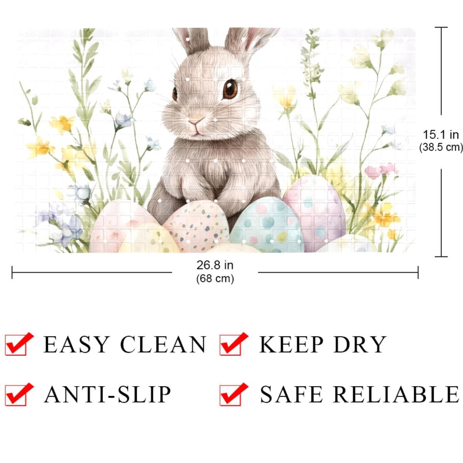Badematte für Badewanne, Motiv: niedliche Osterhaseneier und Frühlingsblumen, rutschfest, rechteckig, Badematte mit Saugnäpfen, maschinenwaschbar, Badezimmermatte, 39,9 x 70,9 cm