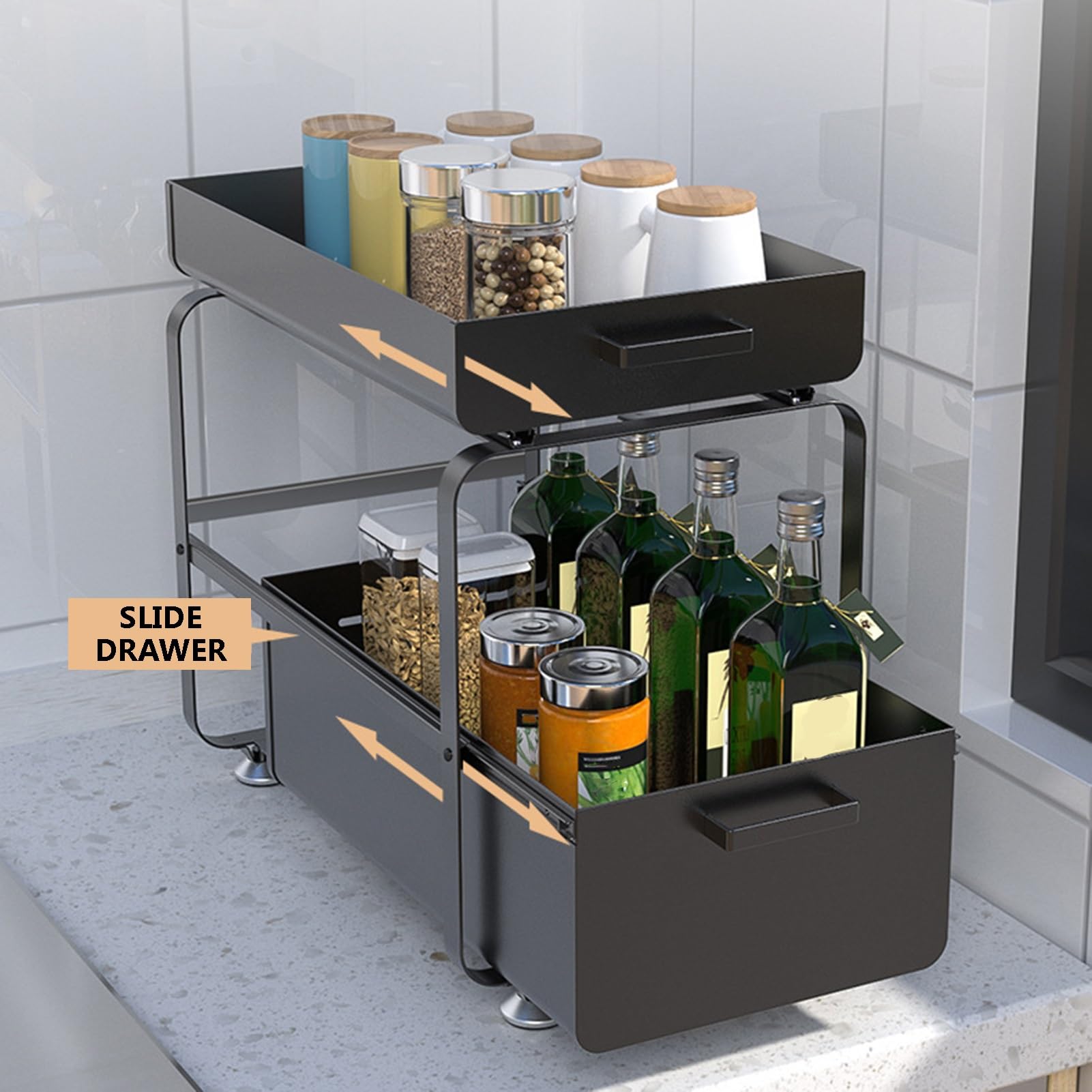 Spülschrank Organizer Organizer unter der Spüle mit 2 Ebenen, Aufbewahrung für die Küche, Mehrzweck-Aufbewahrungsregal für Küche und Bad(Color:Black)