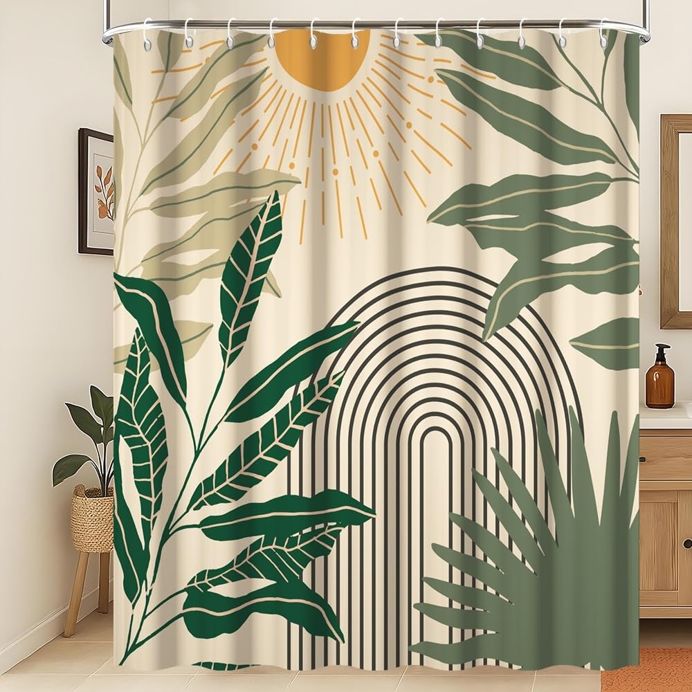 Xiaoterna Mid Century Boho Beige Shower Curtain Abstract Neutral Color Green Leaves Arch Lines Sun Waterproof Bathroom Curtains Minimalist Aesthetic Geometric Washable Home Decoration 120x200cm