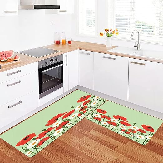 Pack of 2 Kitchen Rugs Washable NonSlip Plant Green Poppy Daisy