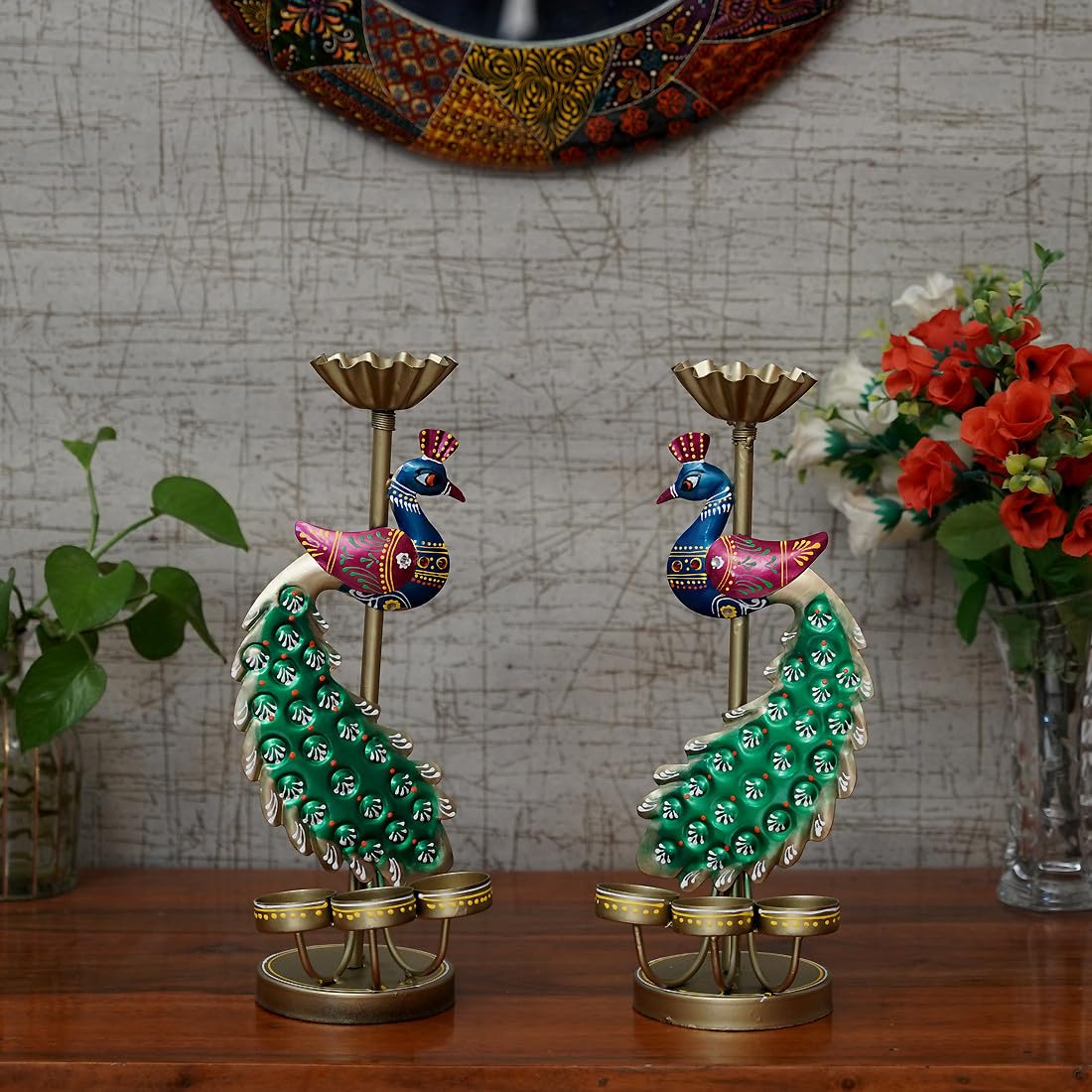 DESERT ART Metal Handpainted Peacock T-Light Holder Set of 2 | Decorative Showpiece | Multicolor-image-26