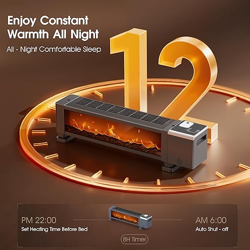 Miniatura 5 de Calentador de zócalo de 1800 W con llama 3D y estante de secado, termostato ajustable para uso en interiores, control remoto, temporizador de 12