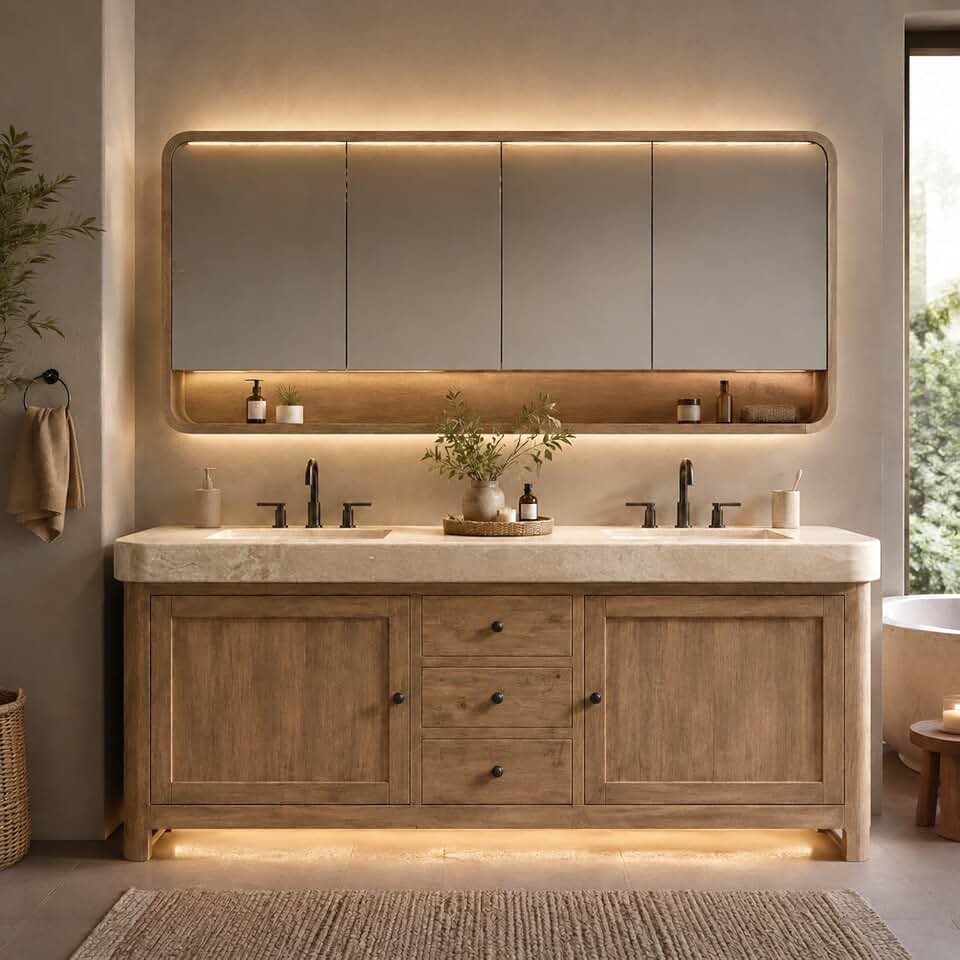 108 IN Freestanding Double-Sink Bathroom Vanity with LED Mirror Cabinet