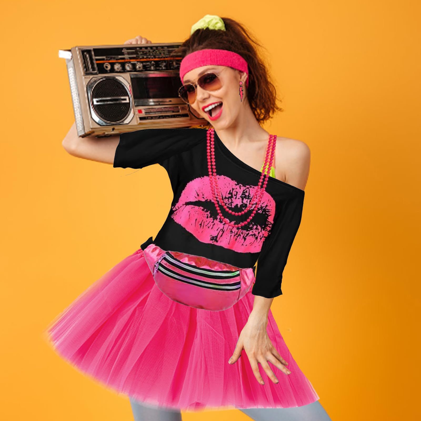 YOUYIKE Disfraz Años 80 Mujer Accesorios S/M/L/XL/XXL,Camiseta, Riñonera, Tutú, Diadema, Collar, Pendiente, Ropa Años 80 Disfraz Carnival Christmas Halloween Cosplay