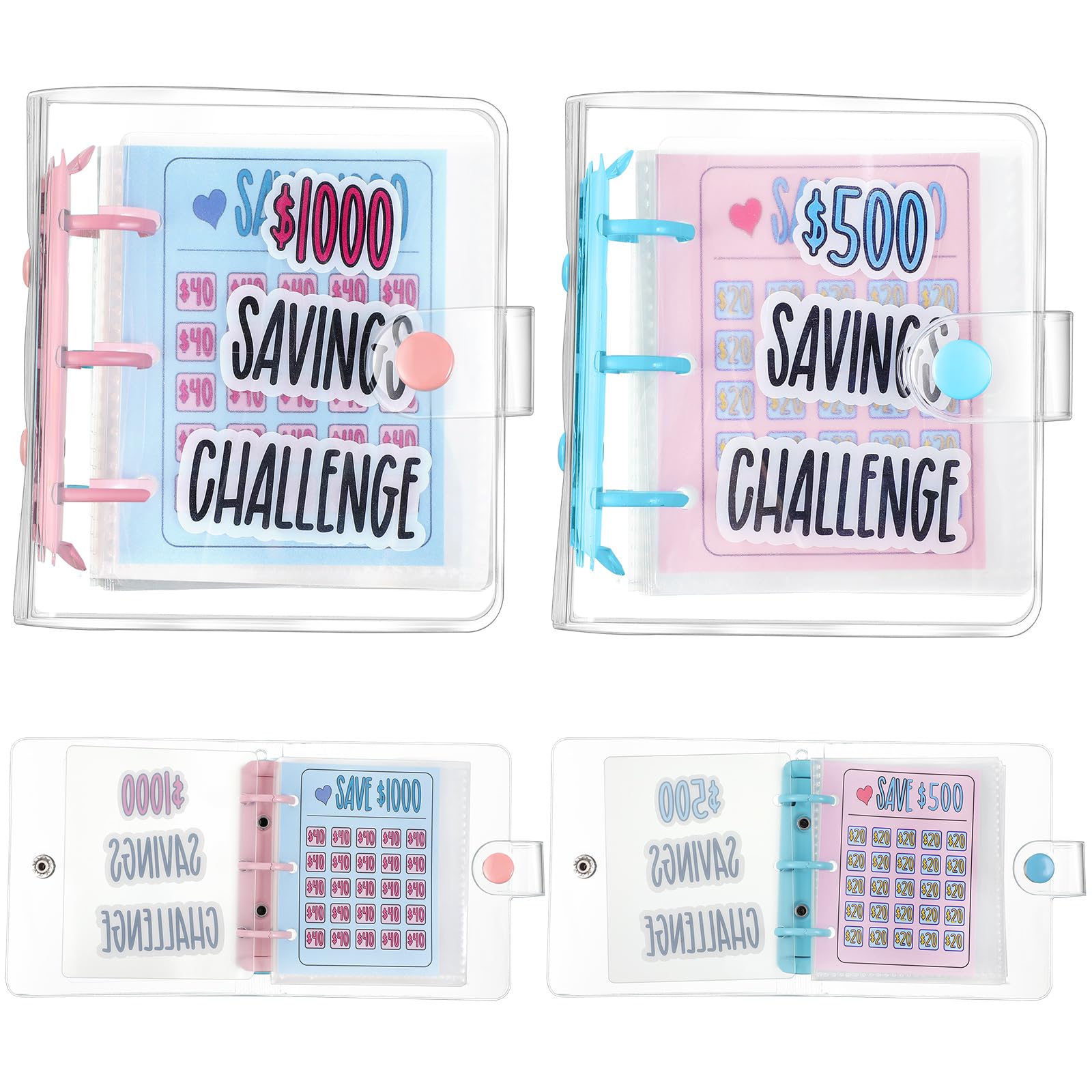 Noveread 2 Pcs Mini Money Savings Binder Saving Challenge Binder Money Book Saver with Cash Envelopes Reusable Budget Book (1000 Dollar,500 Dollar,