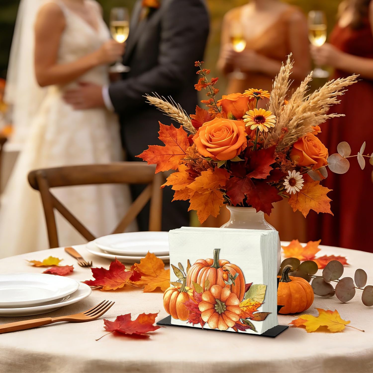 FYSUIMU Fall Pumpkin Napkin Holder Metal Napkin Dispenser Autumn Pumpkin Leaves Towel Stand Vertical Tabletop Decoration for Thanksgiving Party Home Kitchen Countertop