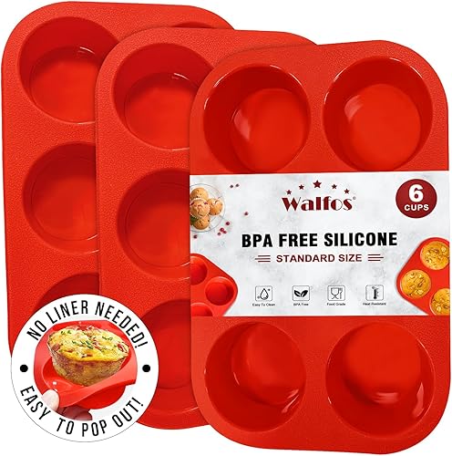 Walfos Molde de silicona para magdalenas 6 tazas antiadherente para hornear, grado alimenticio y libre de BPA, perfecto para magdalenas de huevo,