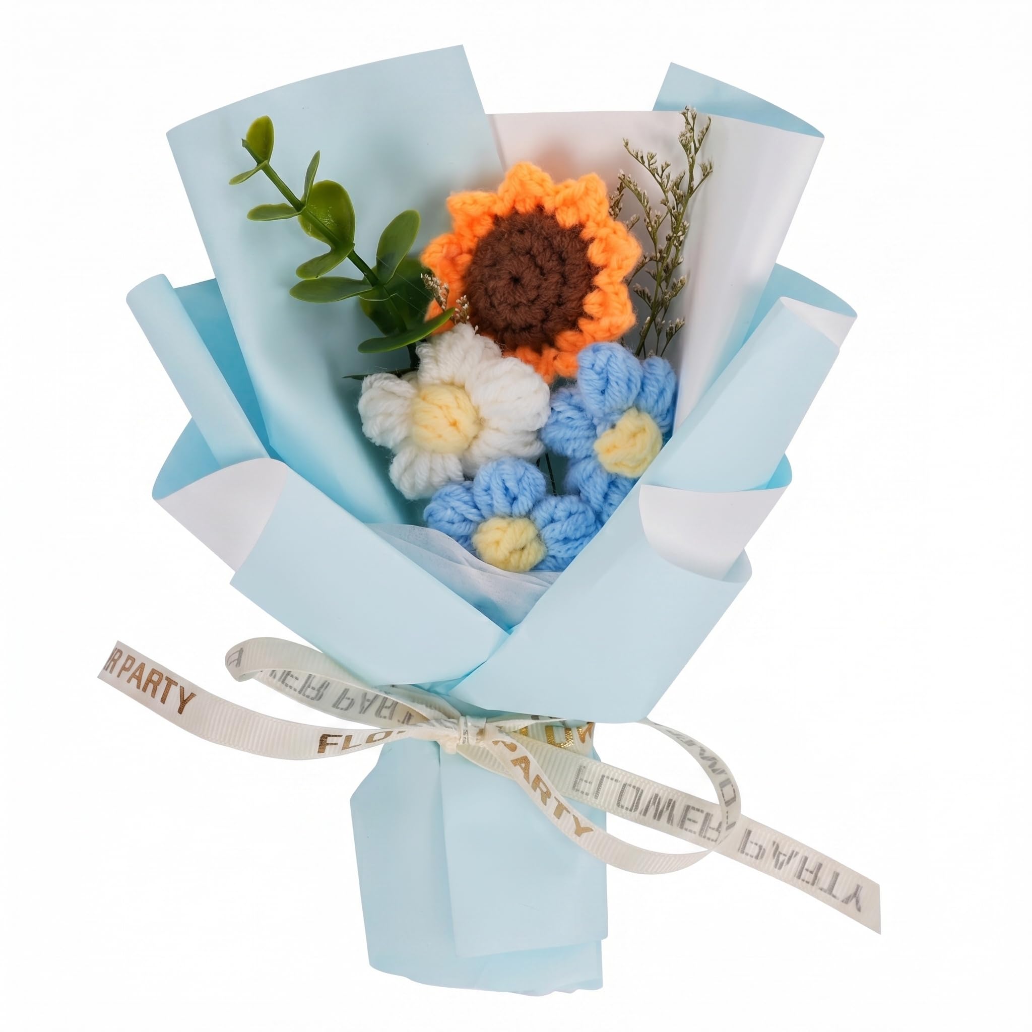 Handmade Crochet Sunflower Bouquet, Knitted Artificial Flowers with Green Foliage, Everlasting Floral Arrangement for Home Decor, Wedding, Gift for Mother Day Birthday Valentine Graduation (blue)