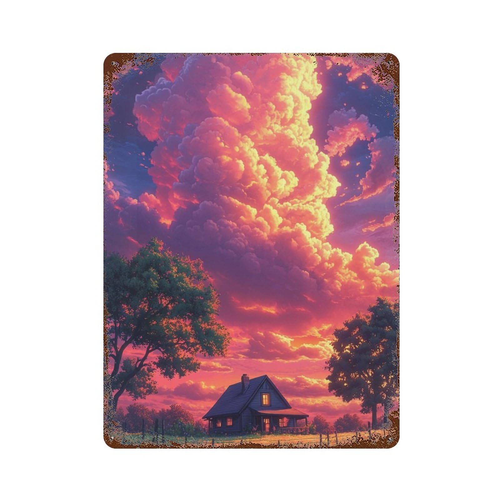 Garage Style Romantic Sunset Cottage Scene Distressed Metal Wall Sign 15.7"x11.8", Shabby Chic Decor for Bar And Workshop