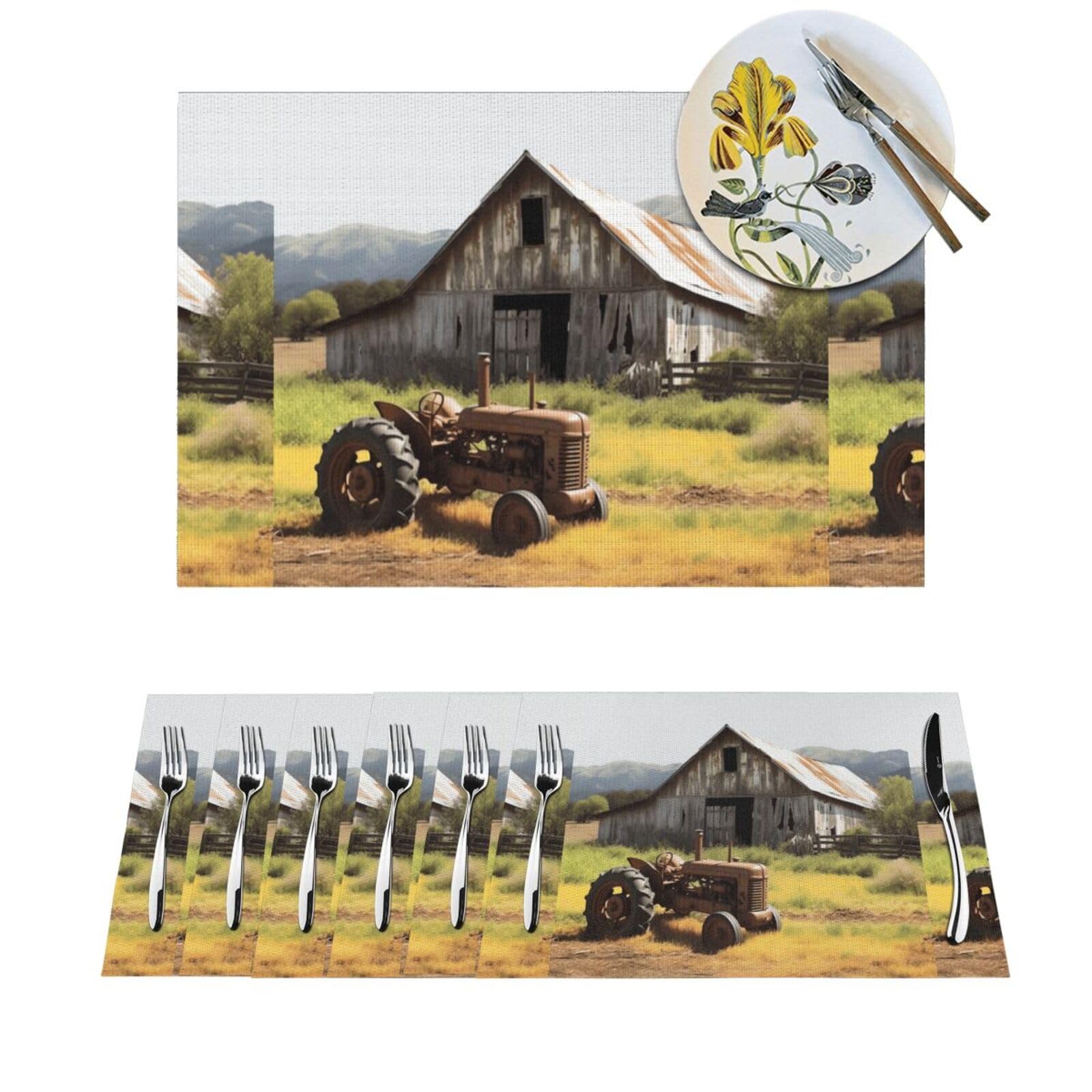 Woven Placemats Old Wooden Barn with Rusted Tractor Durable Table Mats Indoor Place mats Washable Non-Slip Heatproof Woven Placemats for Dining PVC Place Mat for Dinners Wedding Parties