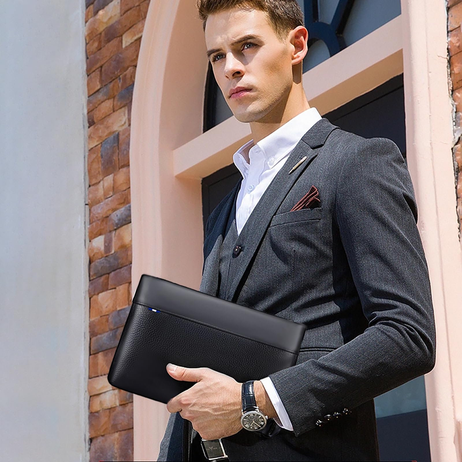 Leathario Pochette Homme Cuir Véritbale, Sacoche à Main Sac d'affaires Portefeuille, Petit Sac Hydrofuge Léger pour Voyage Loisir Bureau