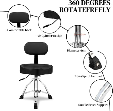 Drum Throne with Backrest | Heavy Duty Hydraulic Adjustable Stool, Saddle Seat & Bonus Drumsticks (Black)