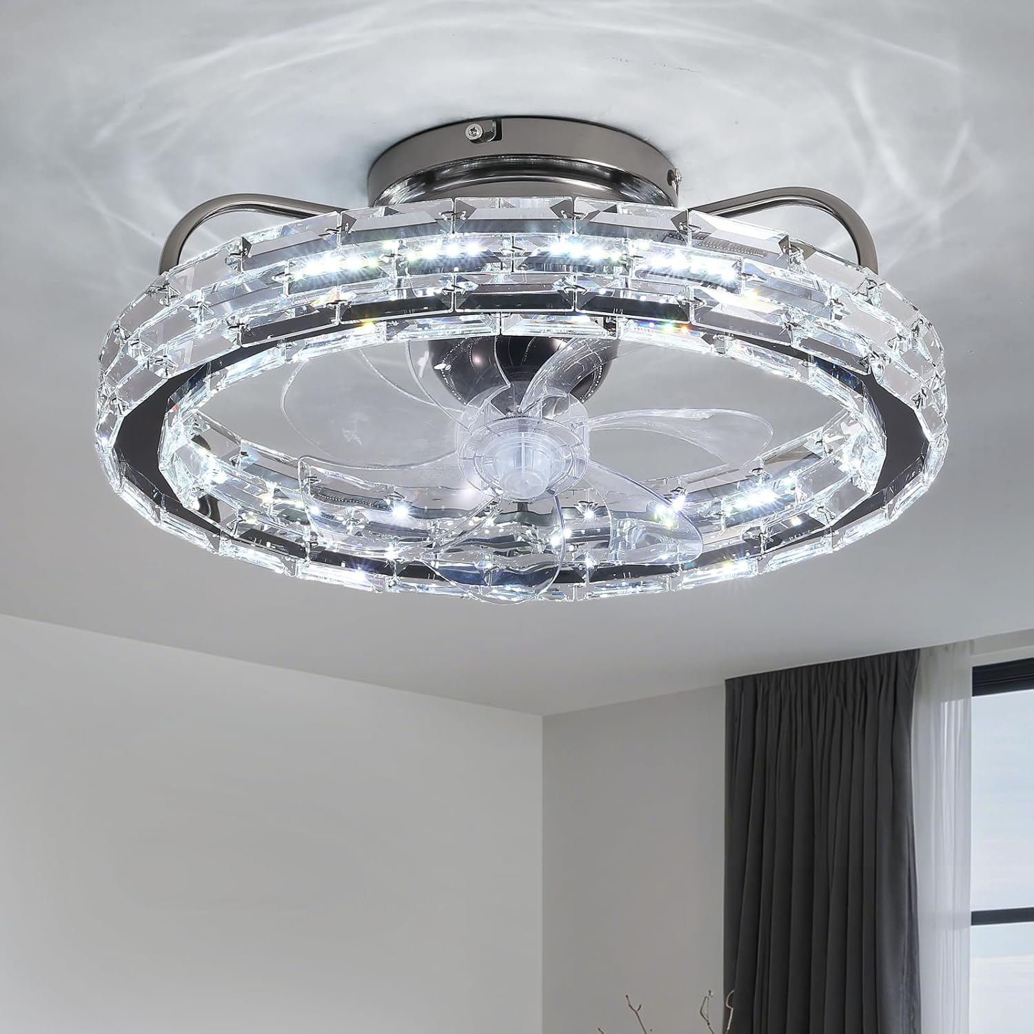 Ceiling Fan with Lights and Remote -Low Profile 20" Flush Mount Ceiling Fans, Crystal Fandelier 6-SpeedDimmable LED 3000K-6000K for Bedroom(Black)