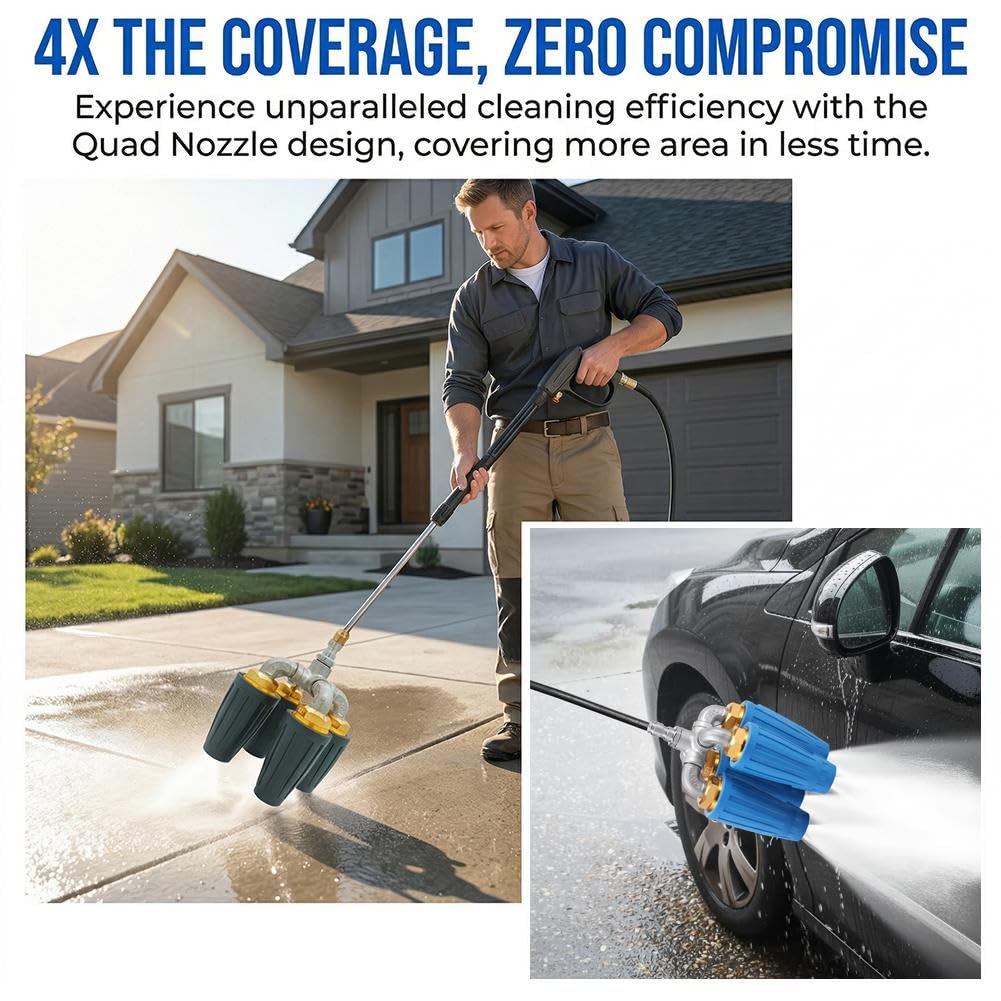 4 en 1 Quad Turbo Nozzle for Pressure Washer, 360 Rotating Power Washer Tip with 1/4 Inch Quick Connector, Heavy Duty Stainless Steel Surface Cleaner for Driveways, Concrete and Siding (Black) (1pcs)