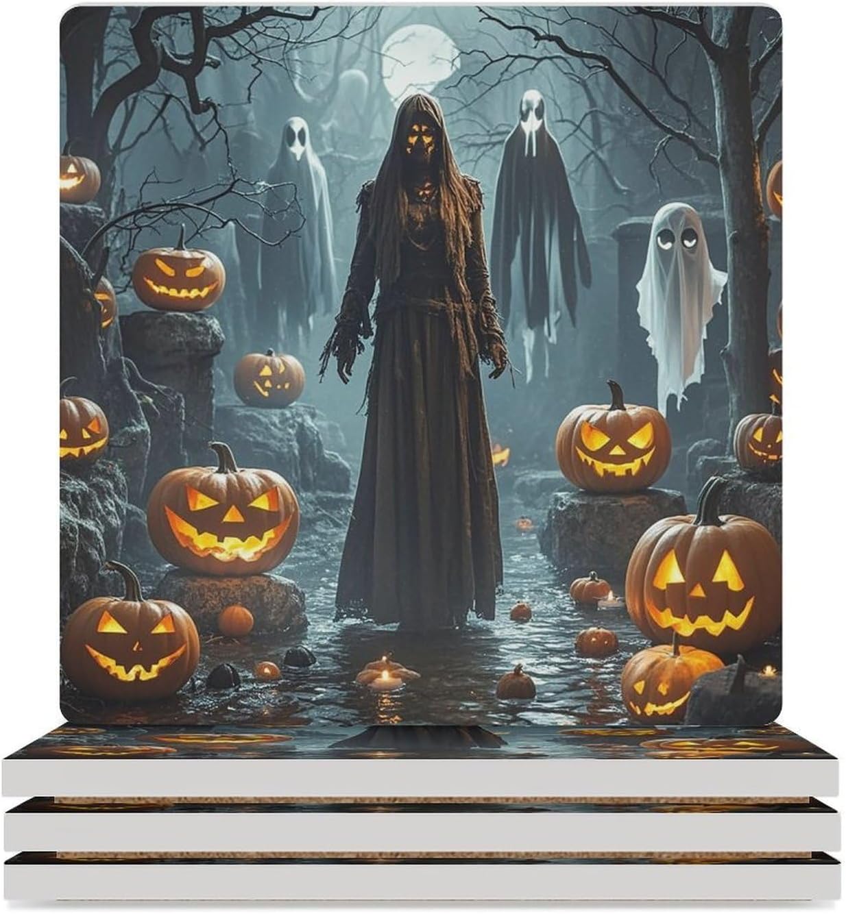 Grim Reaper Coasters Absorbent Ceramic Coasters for Drinks Coaster with Cork Backing for Table Protection Square Drink Cup Mat Modern Style Coaster for Coffee Table