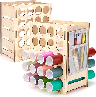2 Pack Wooden Vinyl Roll Holder, 40 Holes Stackable Vinyl Roll Storage Rack with Weeding Tools Storage Bag, Sturdy Wood Vinyl Storage Organizer for Craft Paper Roll Holder Craft Room